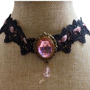 Vintage Gothic Pink Lace Choker Necklace Victorian Filigree Crystal Pendant